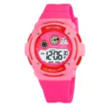 Pink digital kids watch with waterproof silicone strap, alarm, and colorful lamp features. - Pink