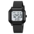 Schwarze quadratische Digitaluhr mit klarem Display und strapazierfähigem Silikonband. - Schwarz (Weißes Display)