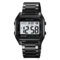 Men black square digital watch waterproof metal strap electronic wristwatch outdoor sports casual - Black White Dial