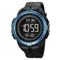 Orologio digitale impermeabile per sport outdoor da uomo con cinturino in resina nera e lunetta blu. - Blu nero