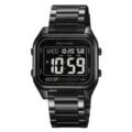 SKMEI men black square digital watch waterproof stainless steel strap electronic wristwatch - Black Black Dial