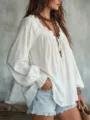 White long sleeve V-neck blouse with ruffled collar and tie detail. Casual loose fit top for women. - XL / Tops / White