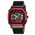 Orologio uomo al quarzo multifunzione sportivo affari cinturino in pelle nero rosso - nastro decorativo in pelle / Nero rosso