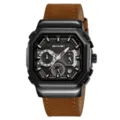 SKMEI men quartz watch featuring stylish octagonal black case and durable brown leather strap - Black Case Dark Brown Strap
