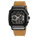 SKMEI quartz mens watch business casual multifunction chronograph brown leather strap - Black Case Light Brown Strap