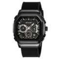 SKMEI black quartz watch for men, durable silicone strap with multi-functional sub-dials. - Black with Black Ribbon