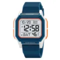 Orologio sportivo digitale multifunzione con cassa quadrata, cinturino blu e impermeabile. - bianco e blu