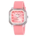 Orologio al quarzo con cinturino in silicone rosa e cassa quadrata trasparente numeri. - Rosa