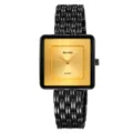 Montre quartz femme SKMEI avec cadran doré carré et bracelet métal noir, style rétro chic. - Noir & Or