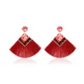 Bohemian red tassel earrings featuring geometric resin and sparkling rhinestone accents. - Dark Red