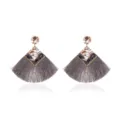Grey fan tassel earrings with leopard resin studs and rhinestones for women, autumn style. - Gray