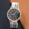 Fashion women quartz watch with classic plaid fabric strap and round black dial for daily wear. - Black