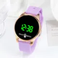 Detailed shot of a purple silicone LED touch watch with a rose gold round dial and digital display. - 23x2 / Light Purple