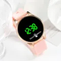 Pink silicone strap round electronic watch with green LED digital touch display screen for daily wear - 23x2 / Pink