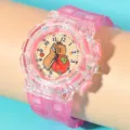 Orologio al quarzo trasparente rosa per bambini con grazioso quadrante orsetto e numeri chiari. - Rosa