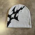 Amerikanische Streetwear Strickmütze Beanie, schwarz-weiße Sternmuster warme Wintermütze. - M (52-60cm) / Hellgrau-Schwarz