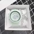 Minimalist student electronic sports watch with matching silver chain bracelet in box - Green