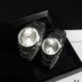 Couple quartz watch metal steel strap set with large numbers stylish fashion timepiece SKU - Women White Dial Silver Strap