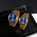 Gold stainless steel quartz couple watch set with stylish blue dial for daily wear. - Women Dark Blue Dial Gold Strap