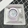 Pink student digital sports watch with metal chain pendant, minimalist college variant. - Purple
