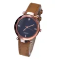 Women quartz watch featuring brown leather strap rose gold faceted bezel and black dial elegant style - Orange
