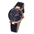 Women quartz watch featuring a black dial, rose gold bezel, and stylish leather strap - Black