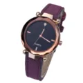 Women fashion quartz watch featuring purple leather strap and faceted rose gold bezel. - Purple