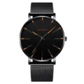Herren minimalistische Quarzuhr mit schwarzem Mesh-Armband und orangen Markierungen. - Black Mesh Strap Black Case Orange Pointer