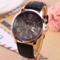 Damen Quarzuhr mit schwarzem Lederarmband, Roségoldgehäuse und römischen Ziffern auf Zifferblatt. - Schwarz