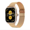 Gold metal mesh strap square smartwatch with fitness tracking and digital watch face display. - Stainless Steel Strap Style / Gold