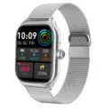 Smart watch with silver metal mesh strap and square digital display face, main product view - Stainless Steel Strap Style / Silver