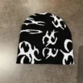 Zwarte en witte gebreide muts voor de winter, stijlvolle hip-hop streetwear warme muts. - M (52-59) / Zwart