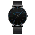 Herren minimalistische Quarzuhr mit schwarzem Mesh Armband und blauen Akzenten auf dem Zifferblatt. - Black Mesh Strap Black Case Red Pointer