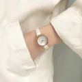 Minimalist small dial quartz watch for women with white leather strap and rose gold case. - Silver Case Black Strap White Dial