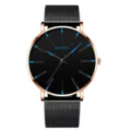 Herren Quarzuhr mit schwarzem Zifferblatt, Roségold Gehäuse und schwarzem Mesh Edelstahlarmband. - Netzgürtel Schwarzer Gürtel Rosenmuschel Blaue Nadel