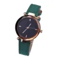 Women quartz watch with green suede leather strap, rose gold diamond cut bezel and black dial. - Green