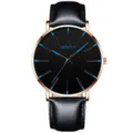 Minimalistische Quarzuhr mit schwarzem Zifferblatt blauen Indizes und Lederarmband - Schwarzes Lederarmband Roségold Gehäuse Blauer Zeiger