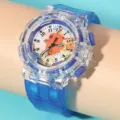 Orologio al quarzo carino per bambini con cinturino in plastica blu trasparente e animali. - Blu