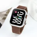 Montre électronique LED carrée avec bracelet en silicone marron et boîtier argenté pour le style. - 23x3 / Café