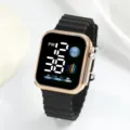 Stylish square digital LED watch with rose gold case and black silicone strap for daily wear. - Black