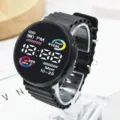 Black round LED digital sports watch with ribbed silicone strap for student fashion. - Black