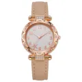 Elegante Damen Quarz Armbanduhr mit funkelnder Strass Lünette und bequemes Lederarmband. - Gebrochenes Weiß