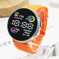 Orange round dial digital electronic watch with silicone strap, modern sports style. - Orange