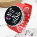 Red LED digital electronic watch for student sports, stylish round wrist watch SKU. - Red