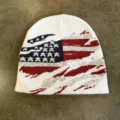 Close-up detail of the vintage American flag knit beanie, winter warm streetwear hat. - M (52-60cm) / White