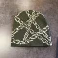 Dunkelgrüne Strickmütze mit weißem Kettemuster, Y2K Streetwear thermische Beanie Mütze. - M / Armeegrün