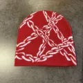 Rote Strickmütze mit weißem Kettenmuster stylische Streetwear Winter warme Freizeitmütze - M / Rot Weiß