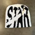 Black and white knit beanie with bold letter pattern, streetwear style winter warm hat. - M (52-60cm) / White