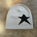 Grey knitted beanie hat with a stylish black star jacquard pattern for winter streetwear. - M (52-60cm) / Grey Black