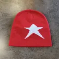 Red knitted beanie featuring a large white star jacquard pattern, warm winter streetwear hat. - M (52-60cm) / Red